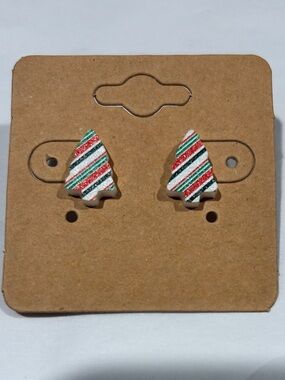 Christmas Tree Stud Earrings Red Green White Striped Holiday Jewelry